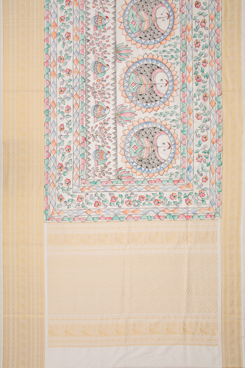 Kanchipuram Silk Hand Painted Madhubani White Saree