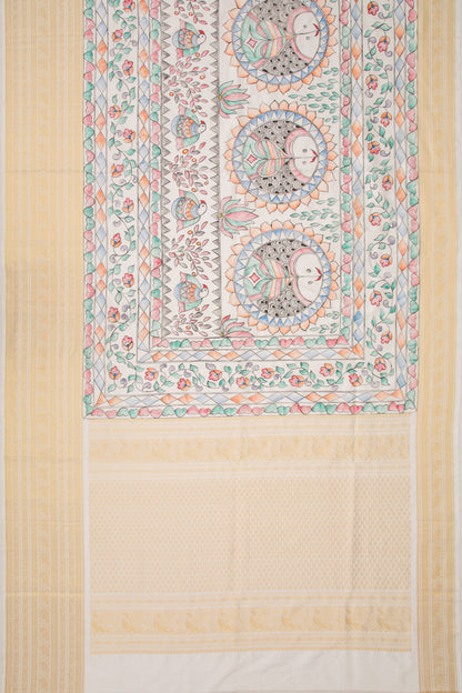 Kanchipuram Silk Hand Painted Madhubani White Saree