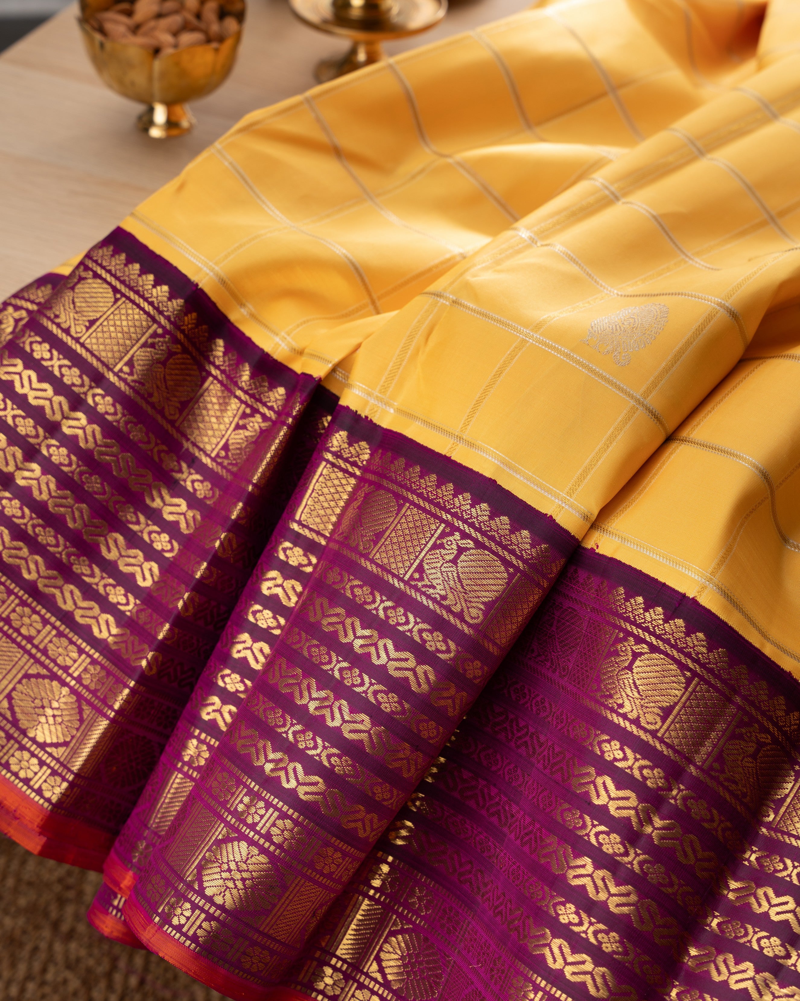 Kanchipuram Silk Checks And Butta Yellow Saree