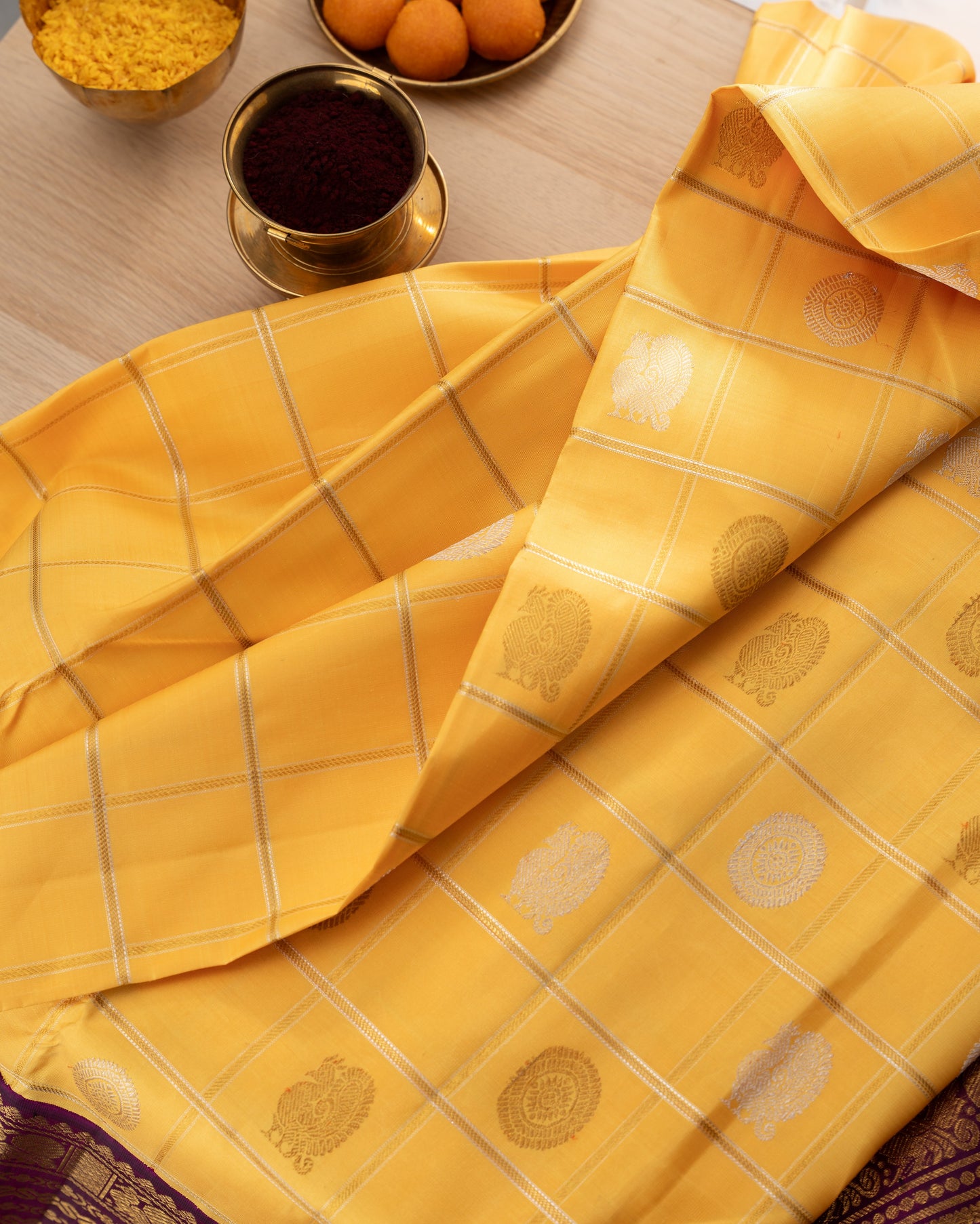 Kanchipuram Silk Checks And Butta Yellow Saree