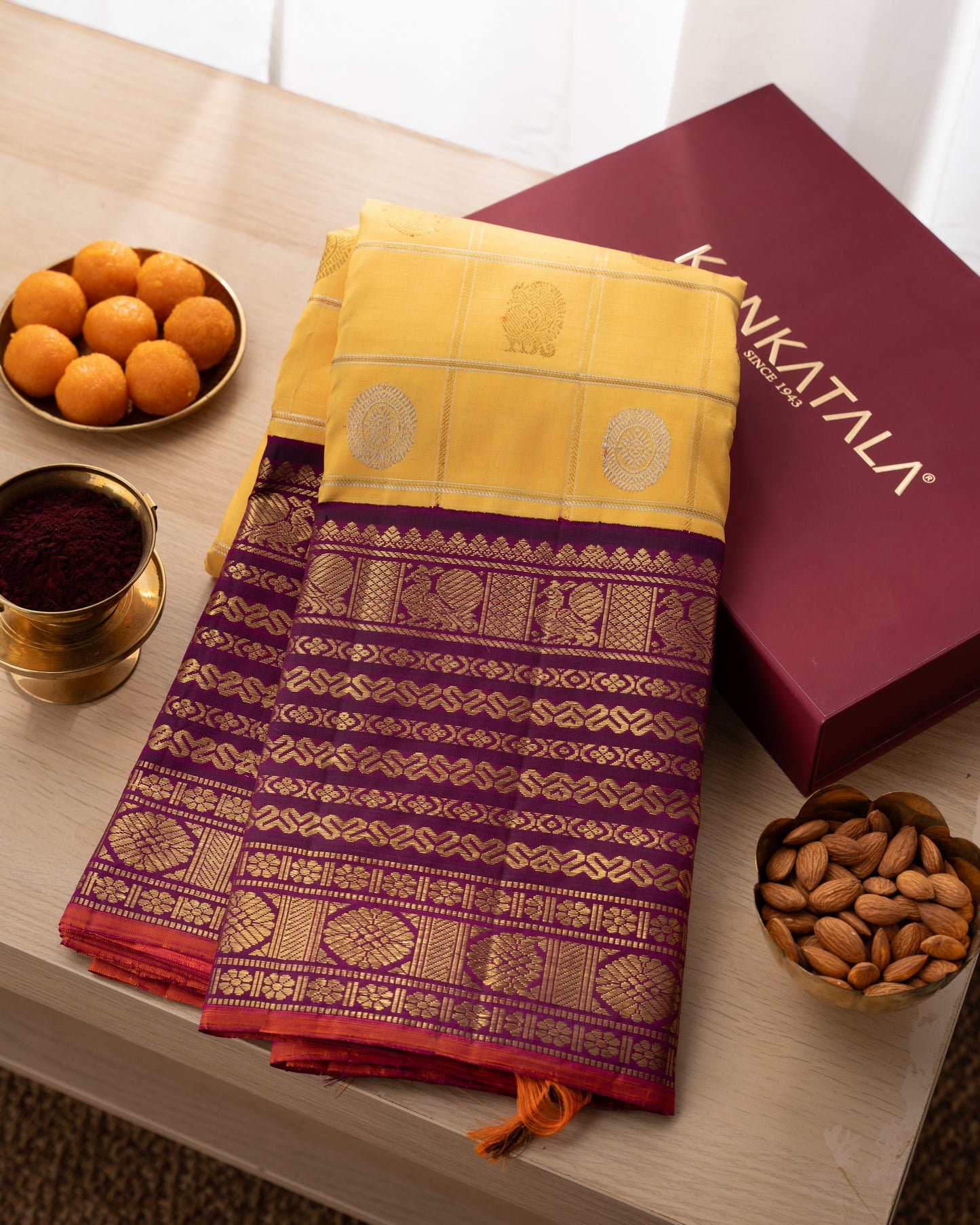 Kanchipuram Silk Checks And Butta Yellow Saree