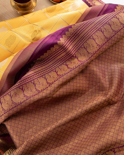 Kanchipuram Silk Checks And Butta Yellow Saree