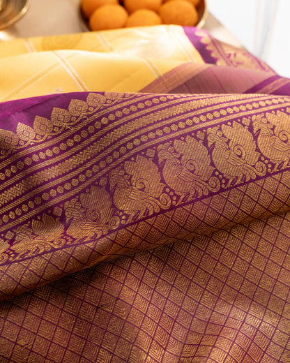 Kanchipuram Silk Checks And Butta Yellow Saree