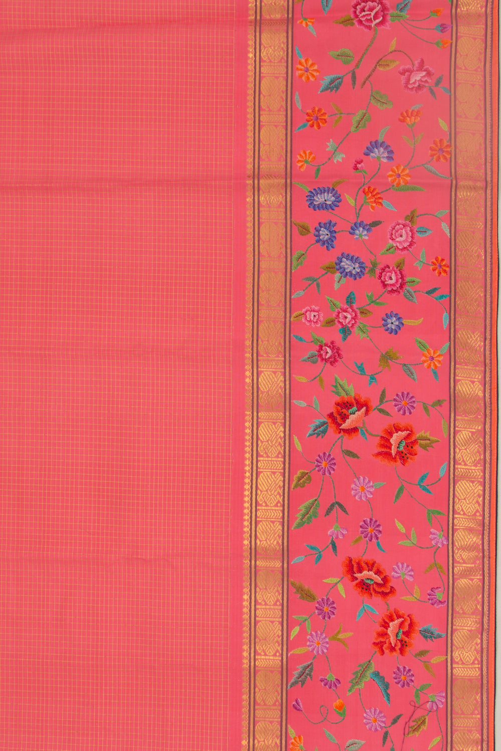 Petite Point Kanchipuram Silk Checks Pink Saree