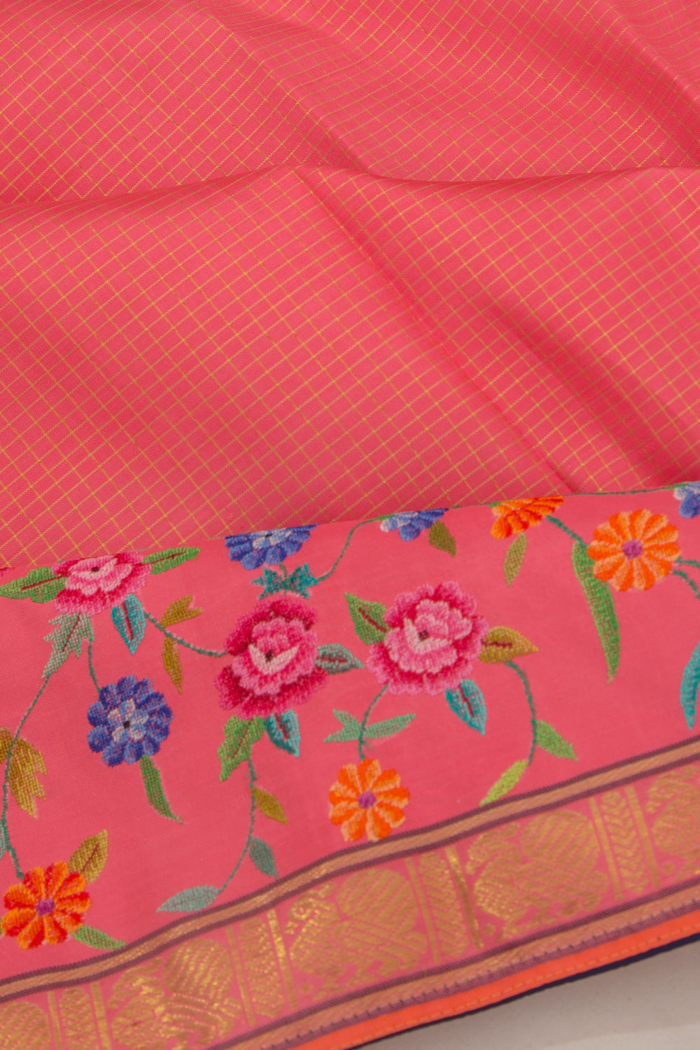Petite Point Kanchipuram Silk Checks Pink Saree