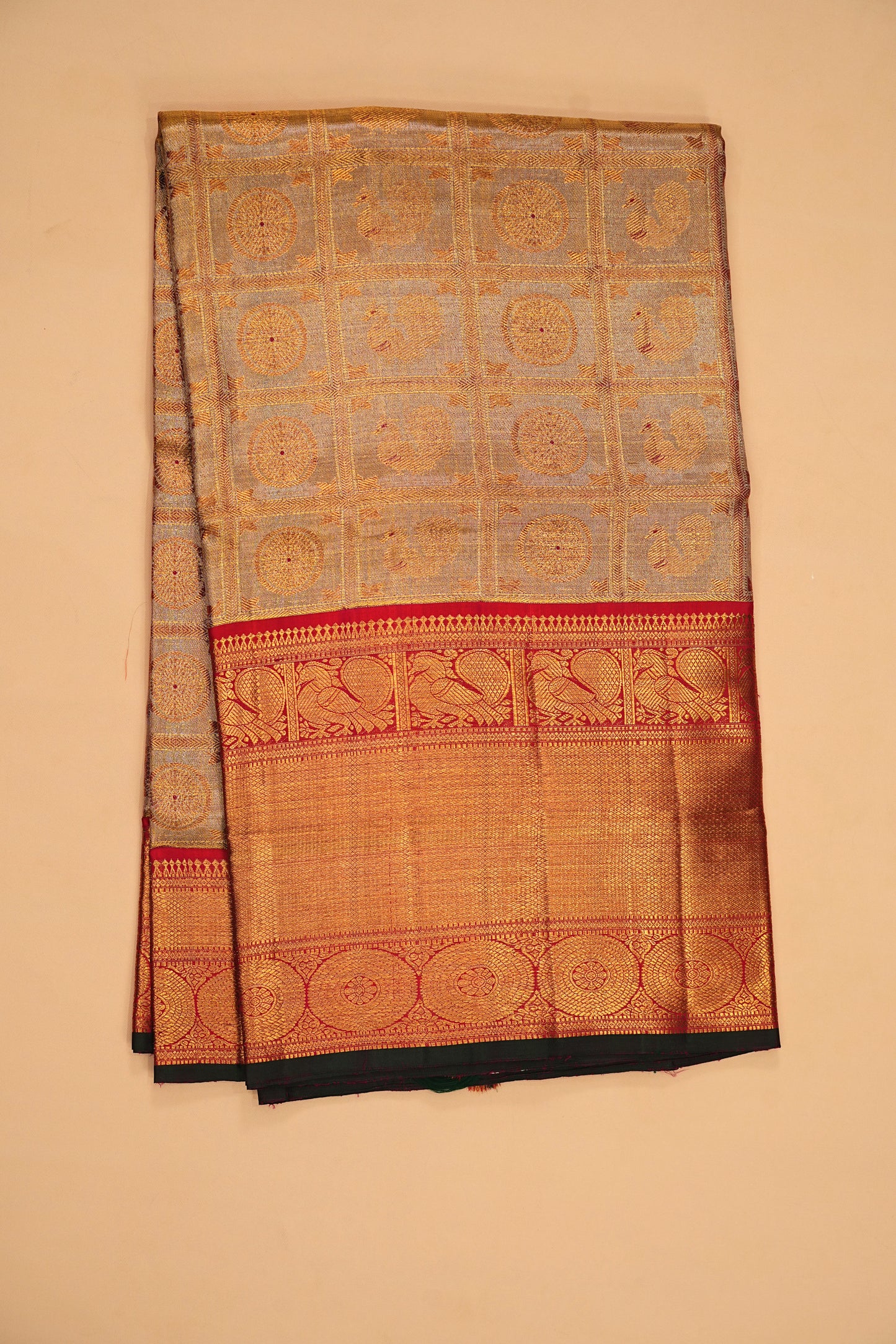 Kanchipuram Silk Tissue Checks And Butta Gold Saree
