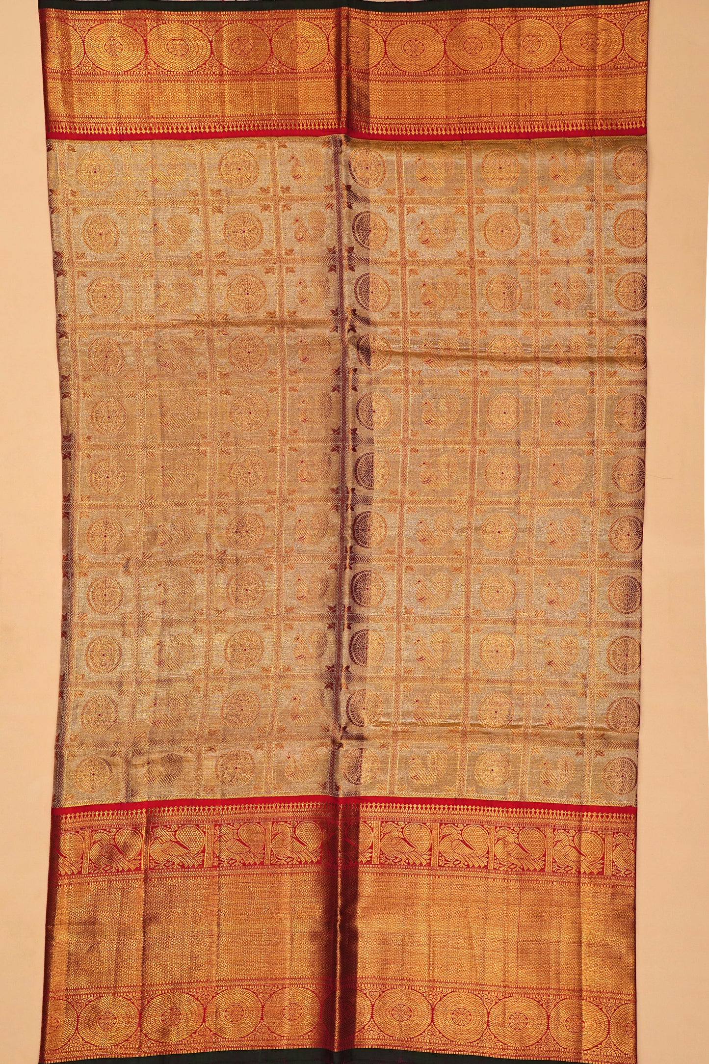 Kanchipuram Silk Tissue Checks And Butta Gold Saree