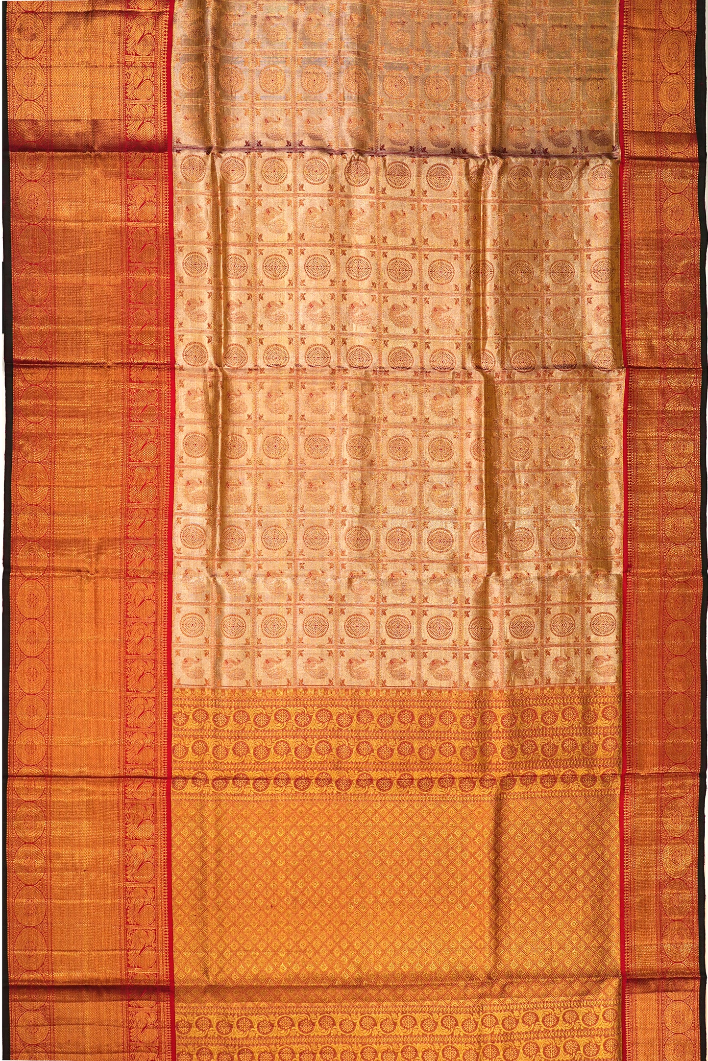 Kanchipuram Silk Tissue Checks And Butta Gold Saree