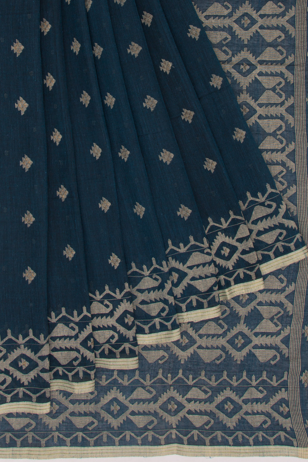 Dhakai Muslin Cotton Jamdani Butta Dark Blue Saree