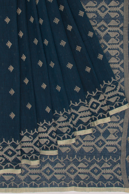 Dhakai Muslin Cotton Jamdani Butta Dark Blue Saree