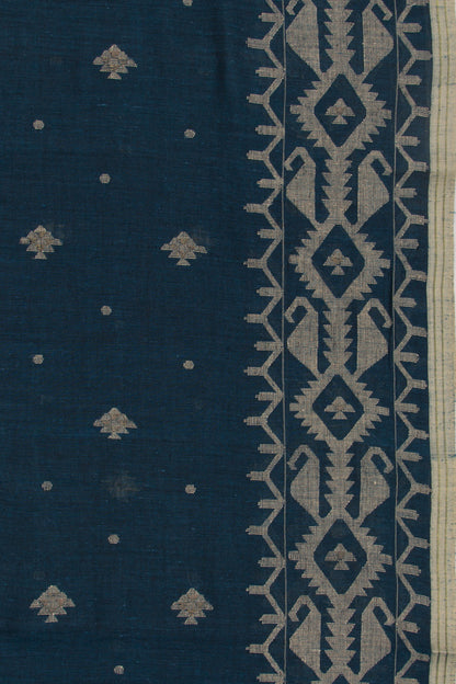 Dhakai Muslin Cotton Jamdani Butta Dark Blue Saree