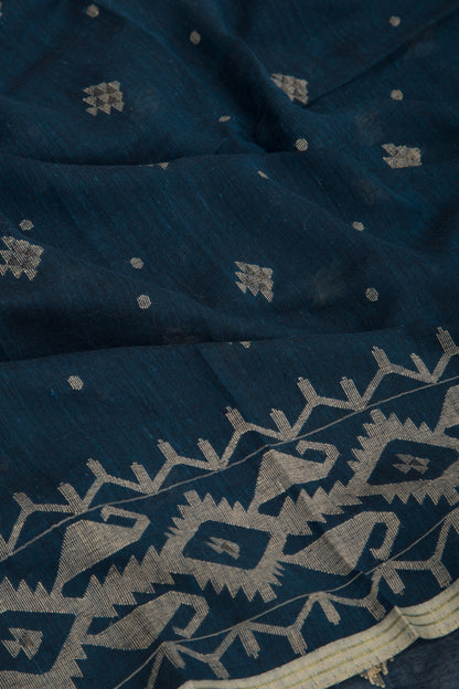Dhakai Muslin Cotton Jamdani Butta Dark Blue Saree