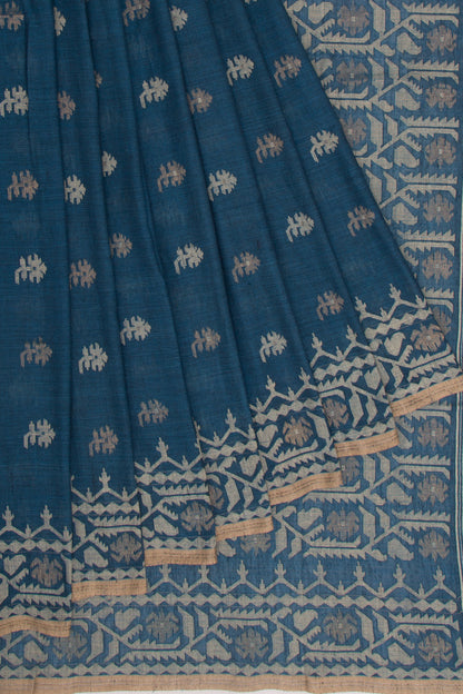 Dhakai Muslin Cotton Jamdani Butta Blue Saree