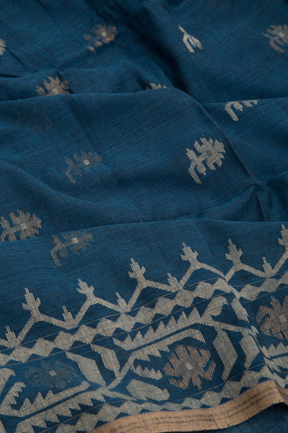 Dhakai Muslin Cotton Jamdani Butta Blue Saree