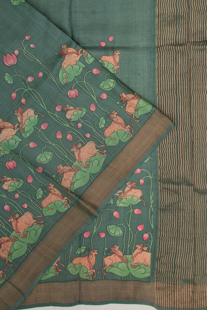 Tussar Pichwai Printed Green Saree