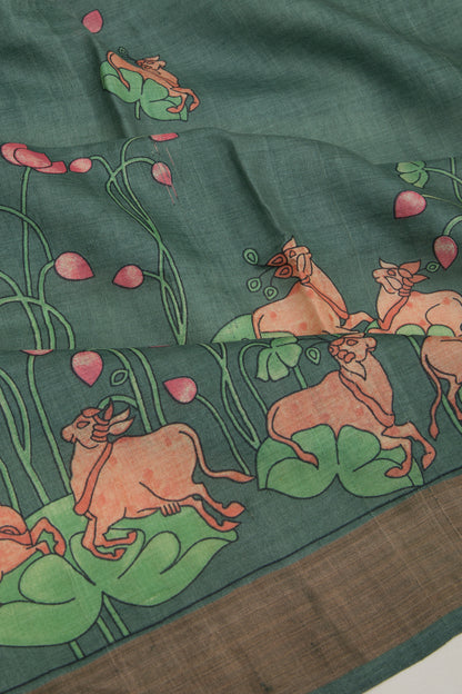 Tussar Pichwai Printed Green Saree