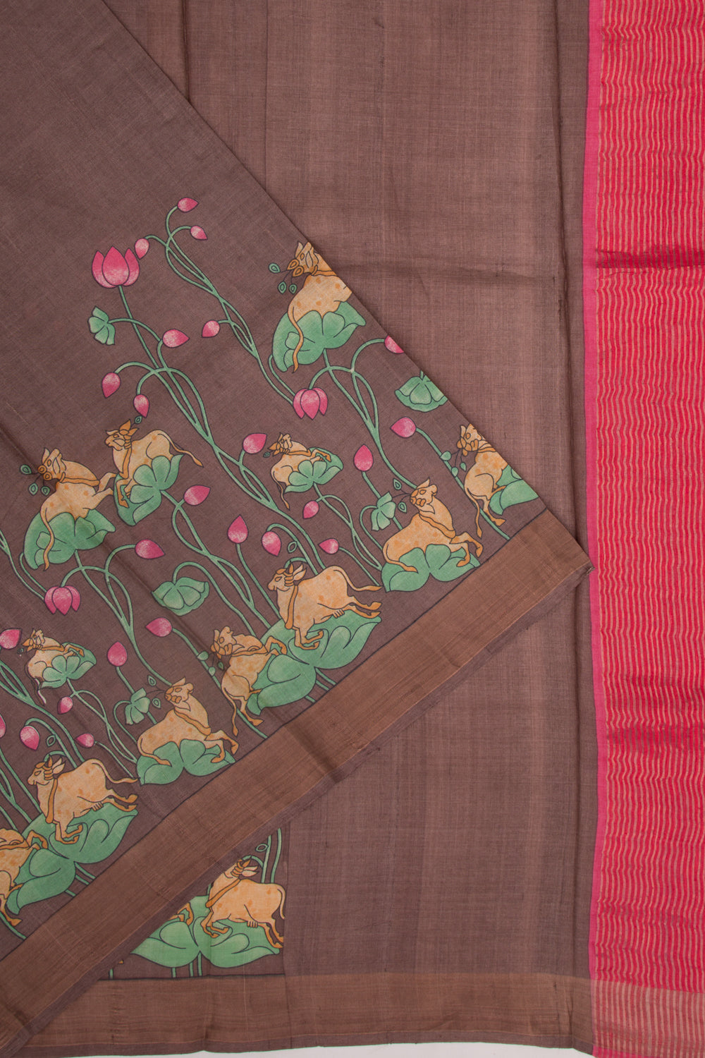 Tussar Pichwai Printed Brown Saree