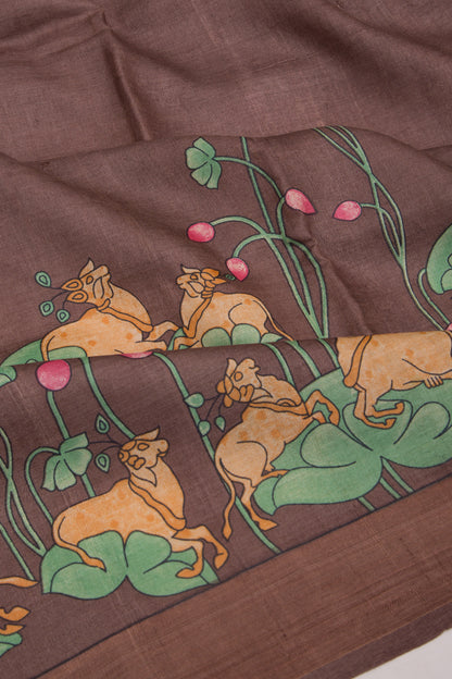 Tussar Pichwai Printed Brown Saree