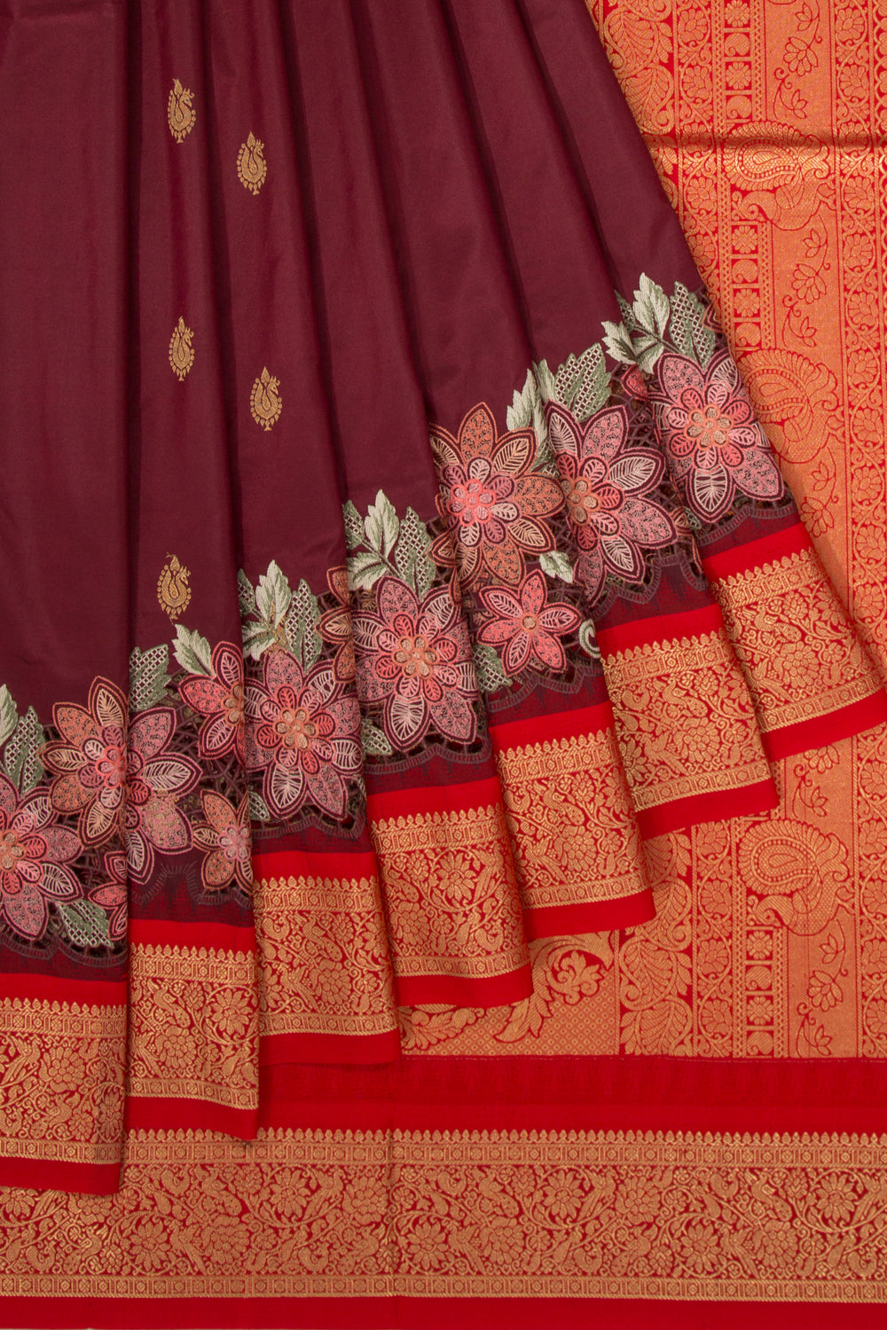 Kanchipuram Silk Butta Maroon Saree With Cut Work Border