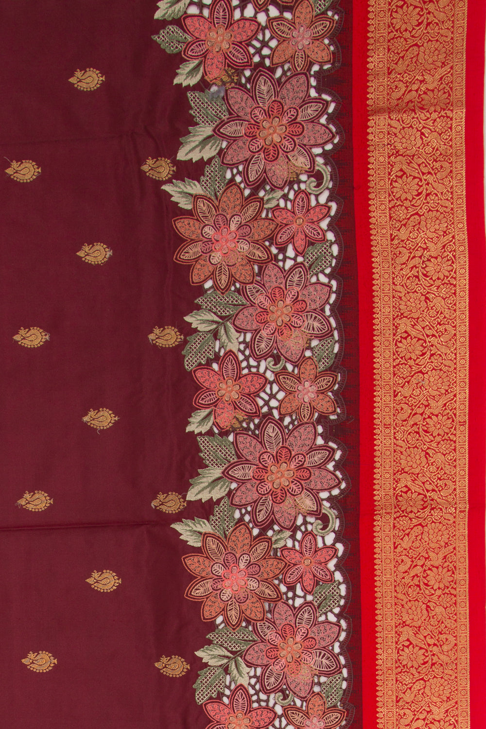 Kanchipuram Silk Butta Maroon Saree With Cut Work Border