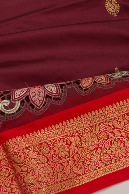 Kanchipuram Silk Butta Maroon Saree With Cut Work Border