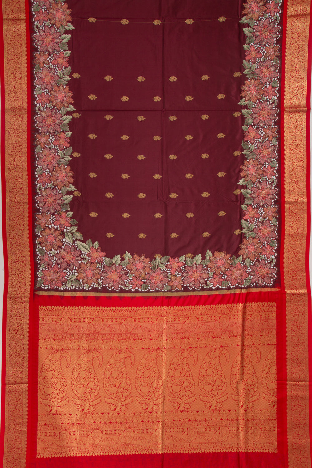 Kanchipuram Silk Butta Maroon Saree With Cut Work Border