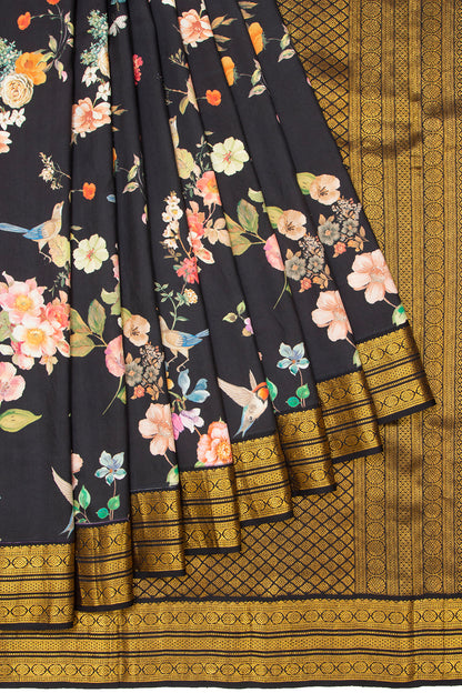 Kanchipuram Silk Floral Printed Black Saree