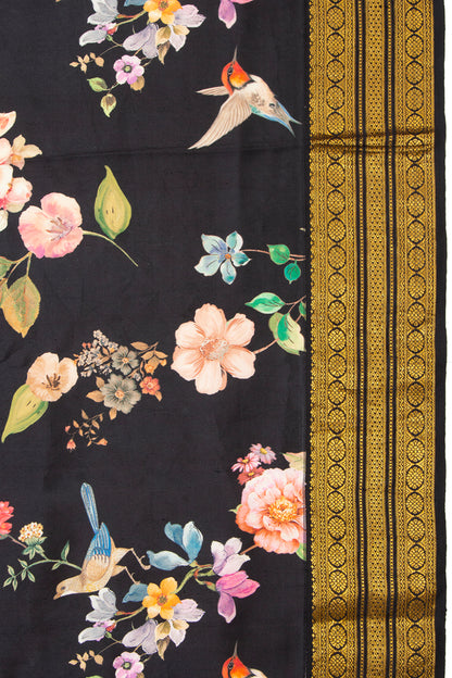 Kanchipuram Silk Floral Printed Black Saree