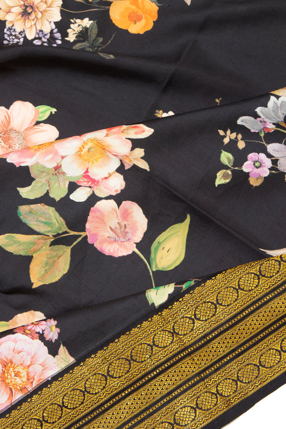Kanchipuram Silk Floral Printed Black Saree
