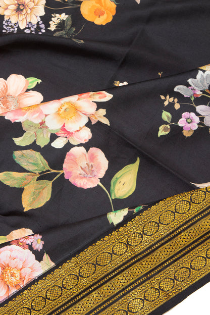 Kanchipuram Silk Floral Printed Black Saree