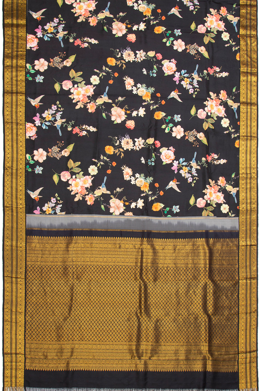 Kanchipuram Silk Floral Printed Black Saree