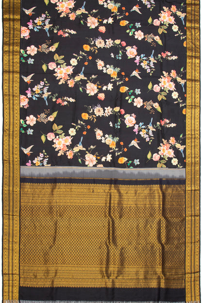 Kanchipuram Silk Floral Printed Black Saree