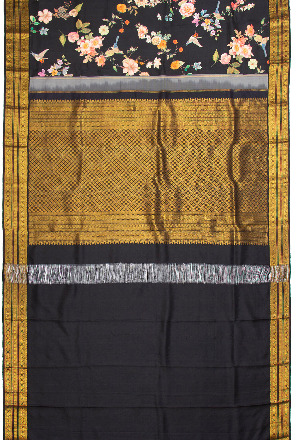 Kanchipuram Silk Floral Printed Black Saree