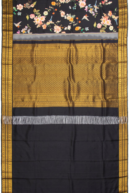 Kanchipuram Silk Floral Printed Black Saree