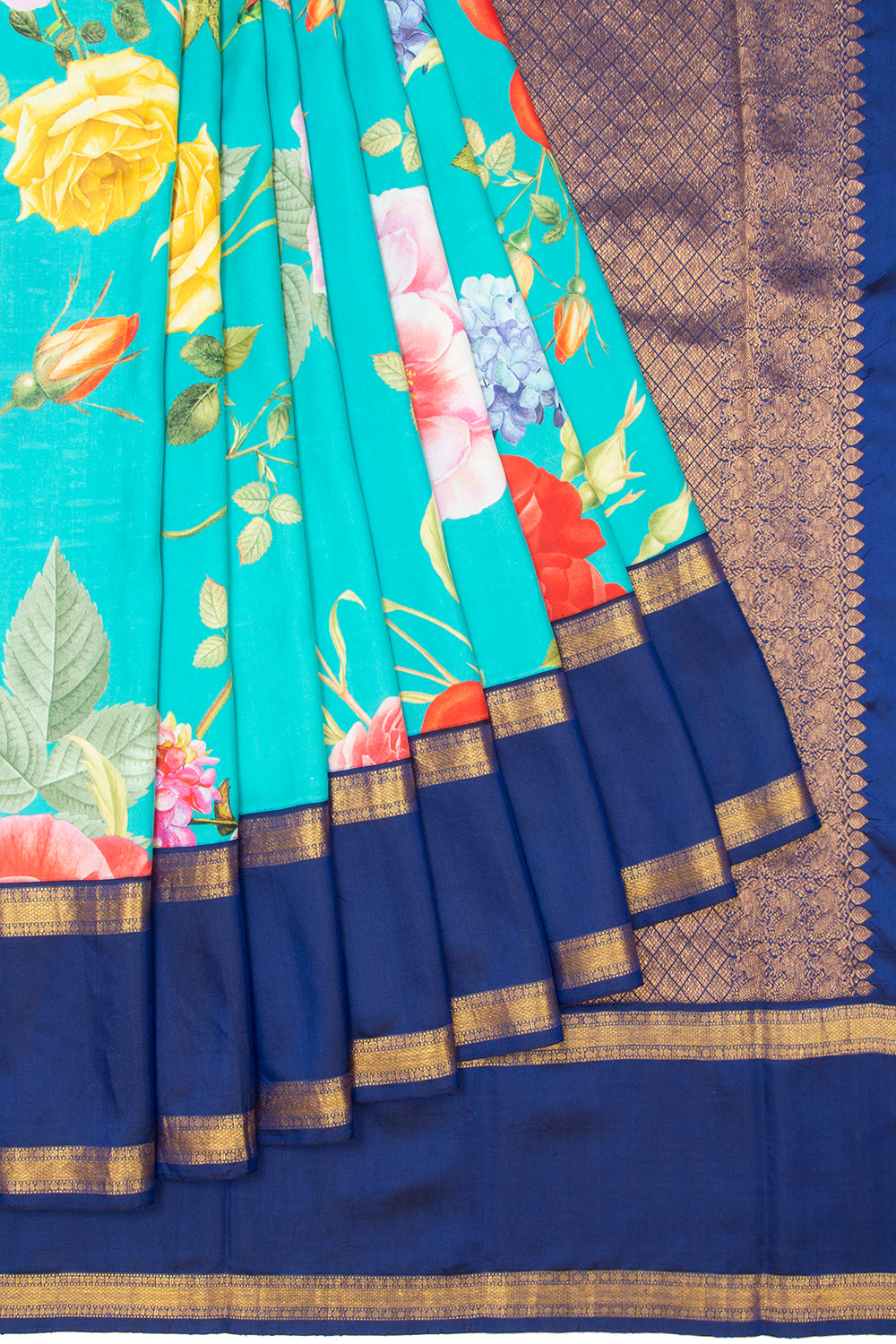 Kanchipuram Silk Floral Printed Sky Blue Saree