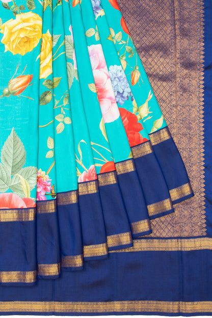 Kanchipuram Silk Floral Printed Sky Blue Saree