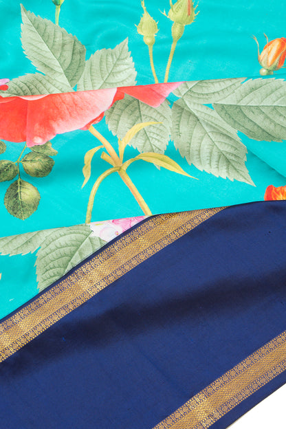 Kanchipuram Silk Floral Printed Sky Blue Saree