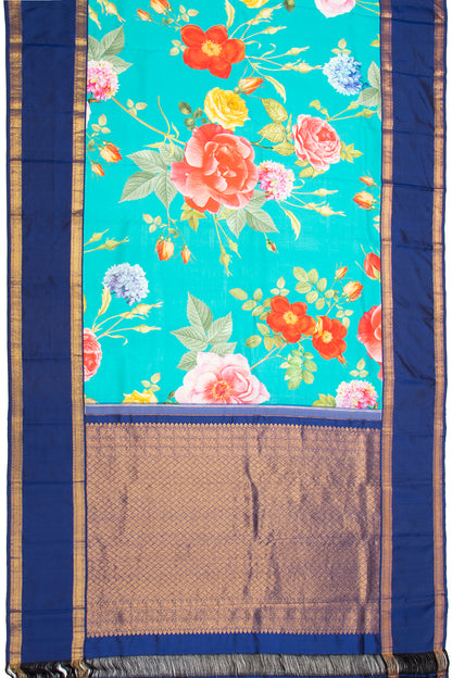 Kanchipuram Silk Floral Printed Sky Blue Saree