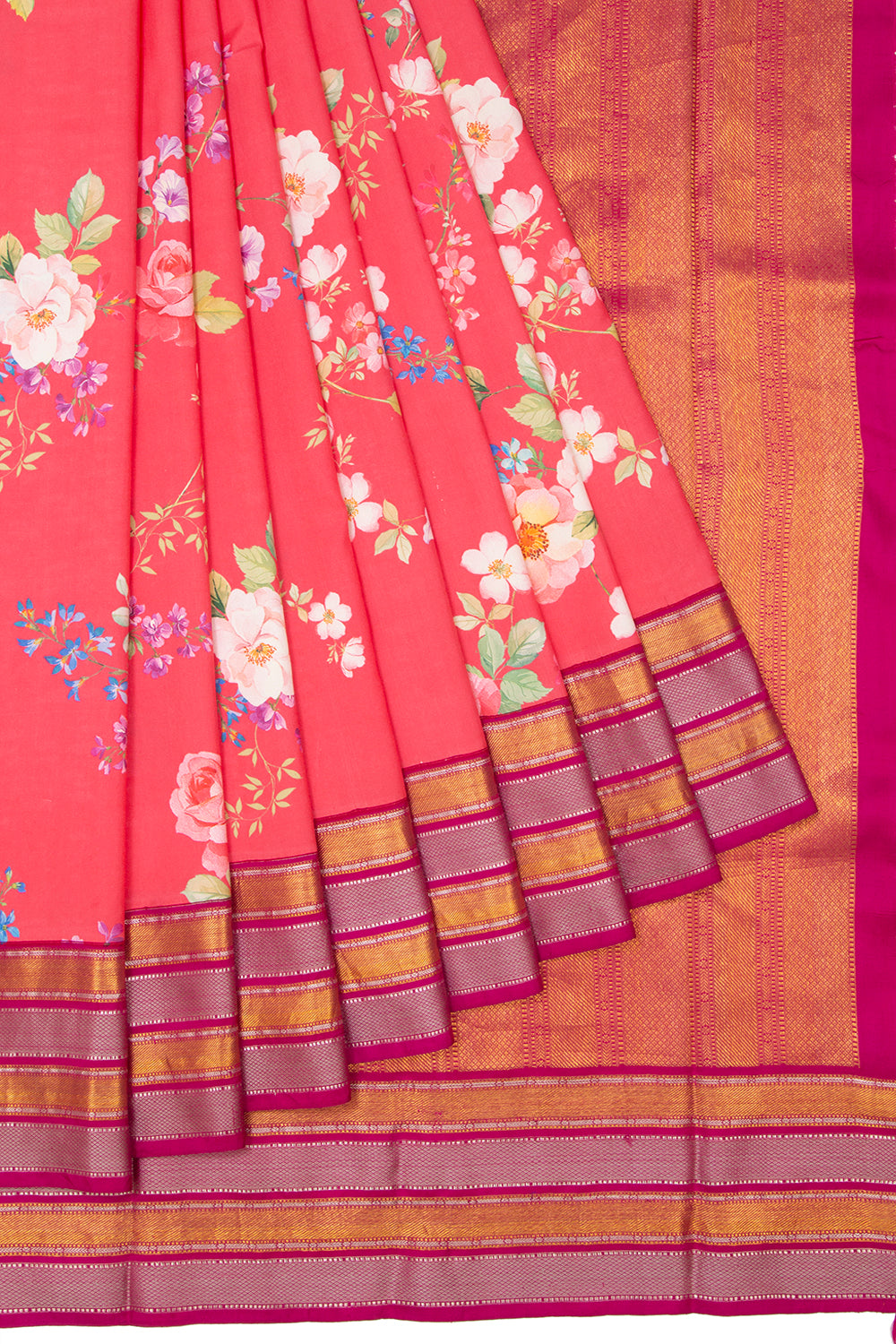 Kanchipuram Silk Floral Printed Pink Saree
