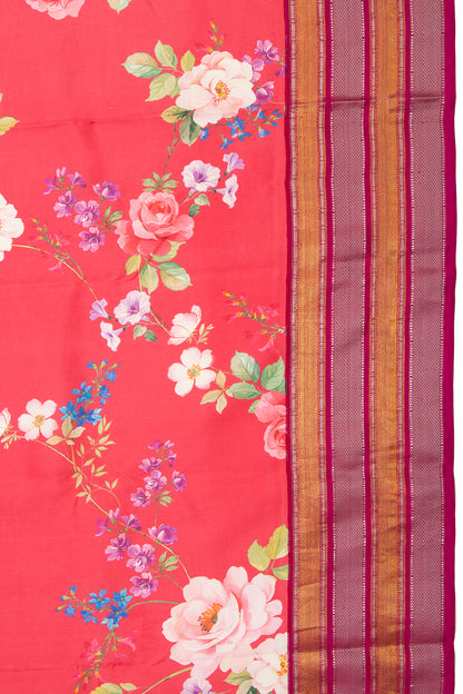 Kanchipuram Silk Floral Printed Pink Saree