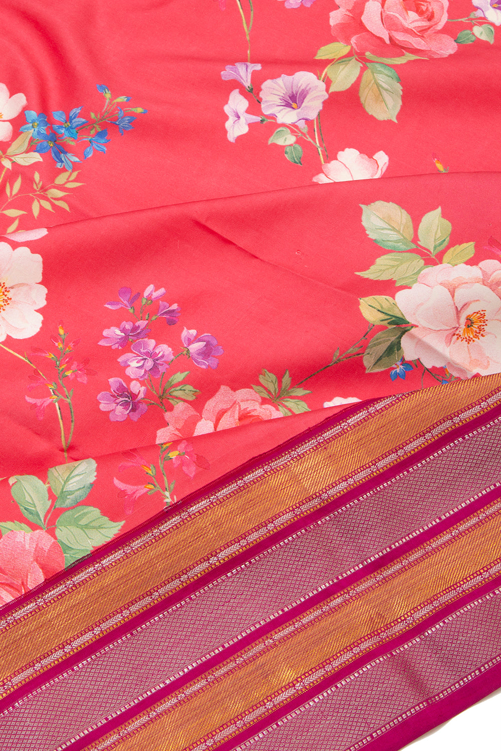 Kanchipuram Silk Floral Printed Pink Saree
