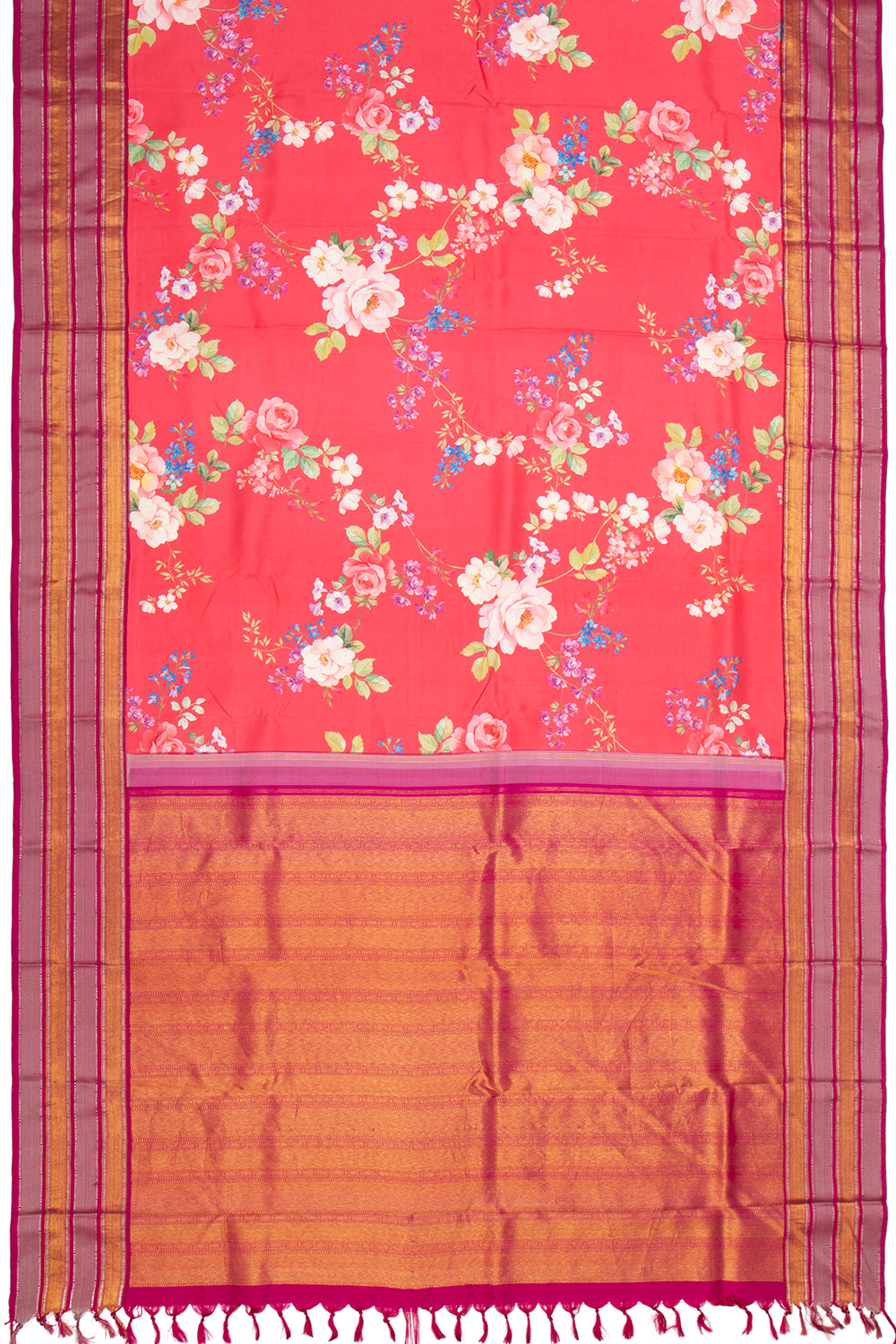 Kanchipuram Silk Floral Printed Pink Saree