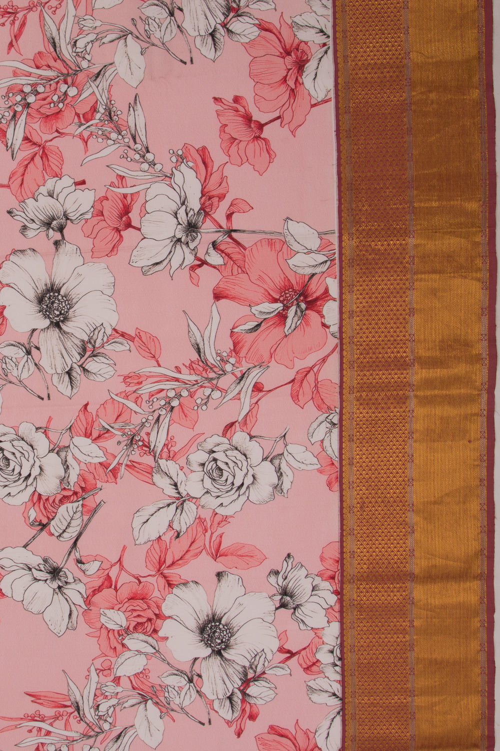 Kanchipuram Silk Floral Printed Pink Saree