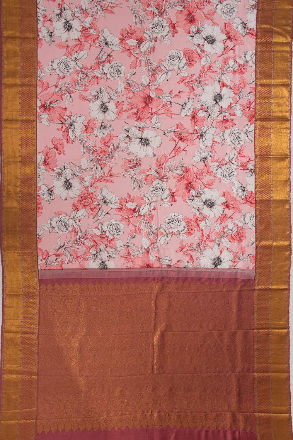 Kanchipuram Silk Floral Printed Pink Saree