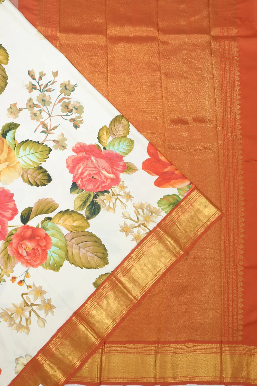 Kanchipuram Silk Floral Printed Off- White Saree