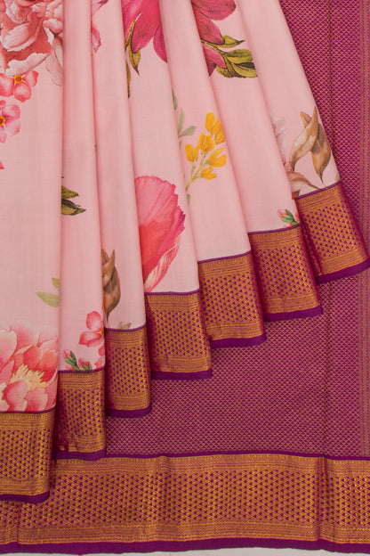 Kanchipuram Silk Floral Printed Pink Saree