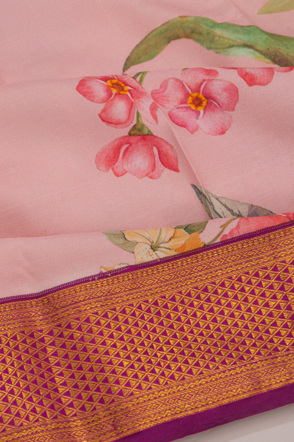 Kanchipuram Silk Floral Printed Pink Saree