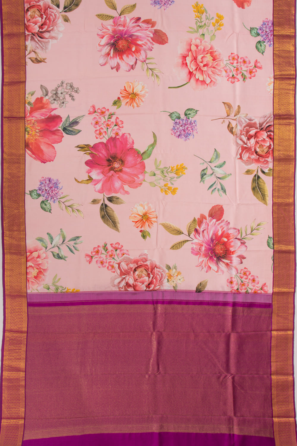 Kanchipuram Silk Floral Printed Pink Saree