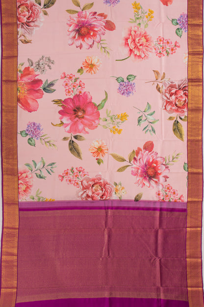 Kanchipuram Silk Floral Printed Pink Saree