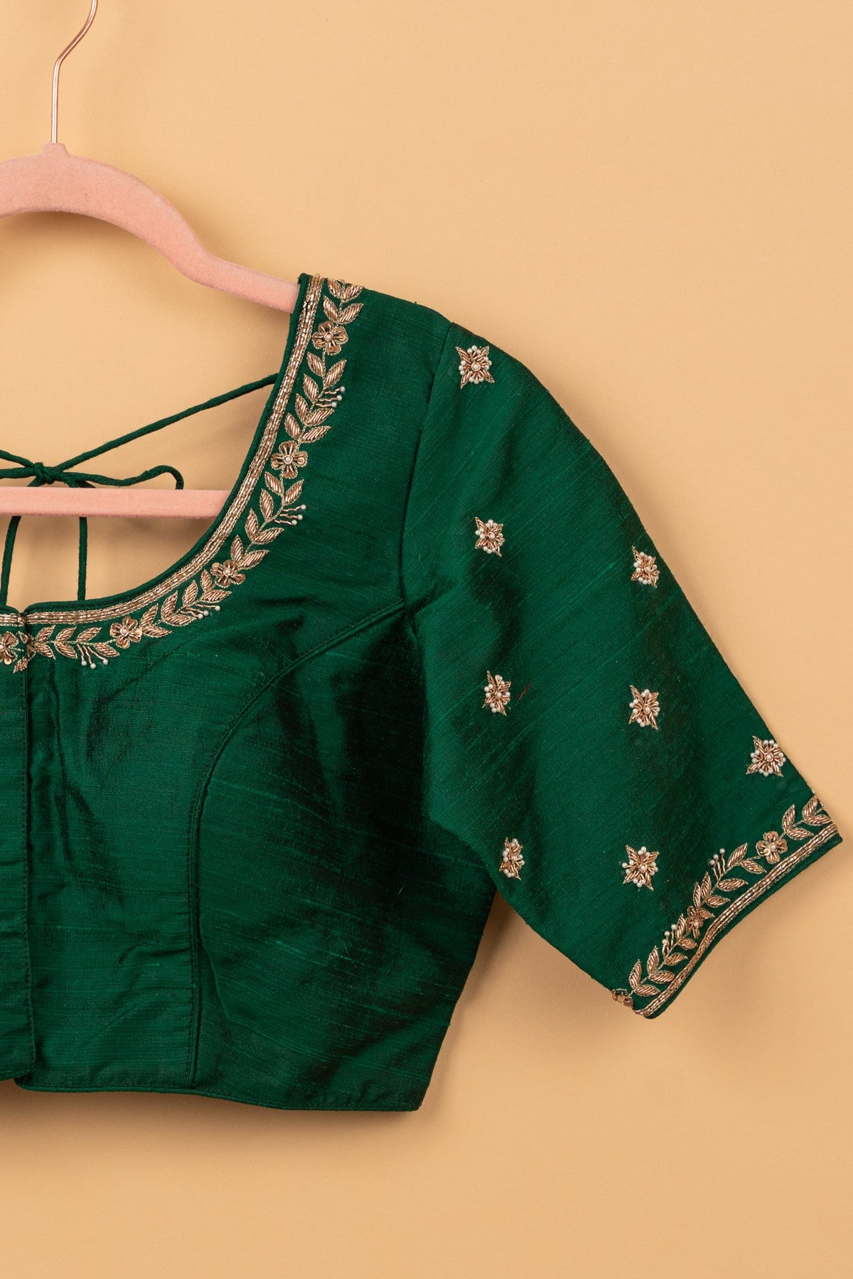 Raw Silk Readymade Padded Bottle Green Blouse Size 36